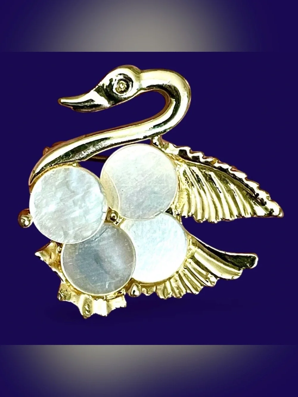Vintage 1970s Swan Mother of Pearl Discs Brooch Pin Gold Tone Romantic Nautical
